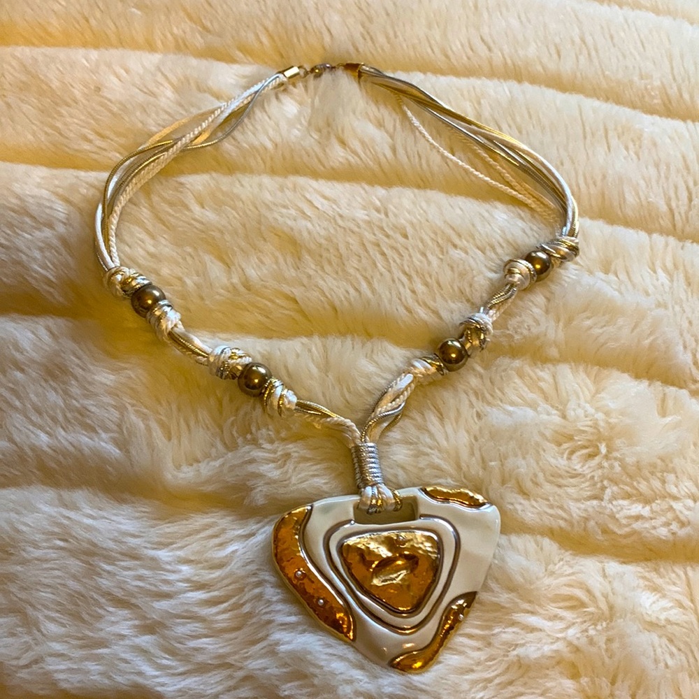 Vtg 80s necklace Artisan metallic gold pottery sculpture pendant choker